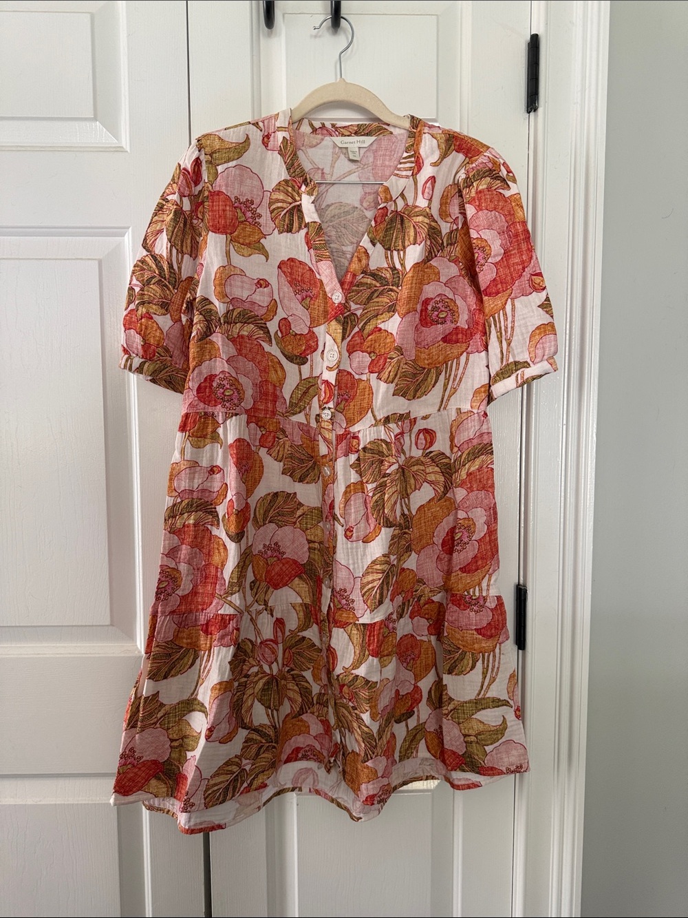 Garnet Hill Floral V-Neck Button Front Summer Dress in Pink & Orange